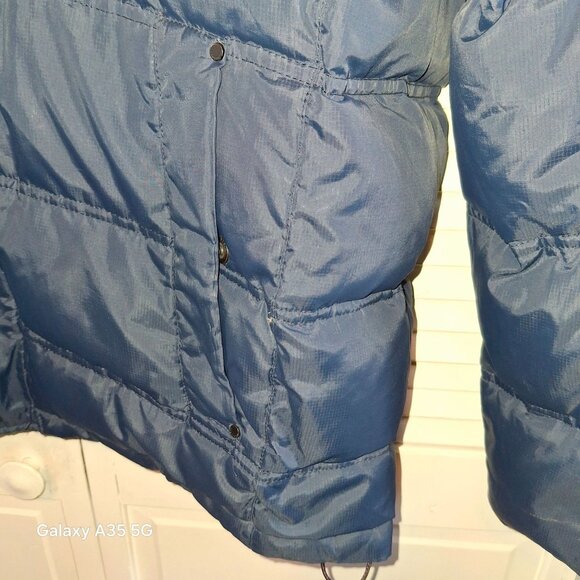 Down Filled Hawke & Co Mens Blue Puffer Jacket With Zipper & Button Closure Hood - Picture 3 of 14